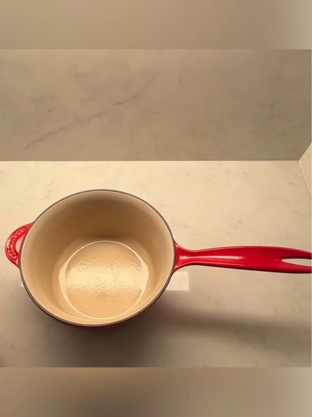 Le Creuset Red Signature Sauce Pan 2.25 quart with custom gold knob
